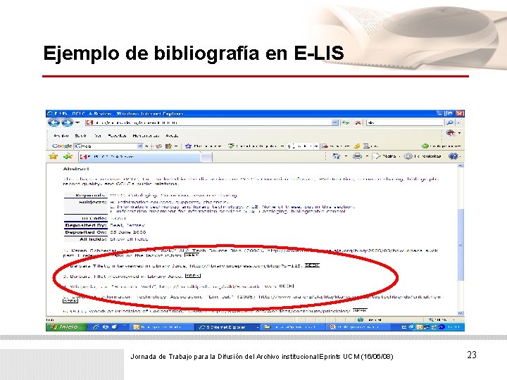 Ejemplo de bibliografía en E-LIS Jornada de Trabajo para la Difusión del Archivo institucional