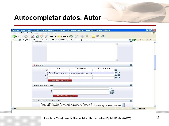 Autocompletar datos. Autor Jornada de Trabajo para la Difusión del Archivo institucional Eprints UCM