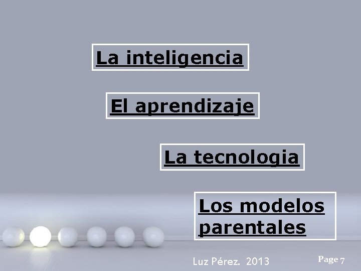 La inteligencia El aprendizaje La tecnologia Los modelos parentales Luz Pérez. 2013 Page 7