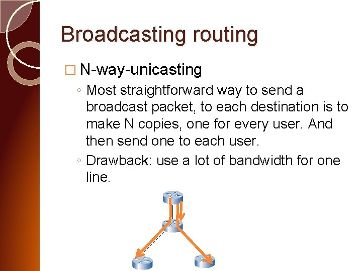 Broadcasting routing � N-way-unicasting ◦ Most straightforward way to send a broadcast packet, to