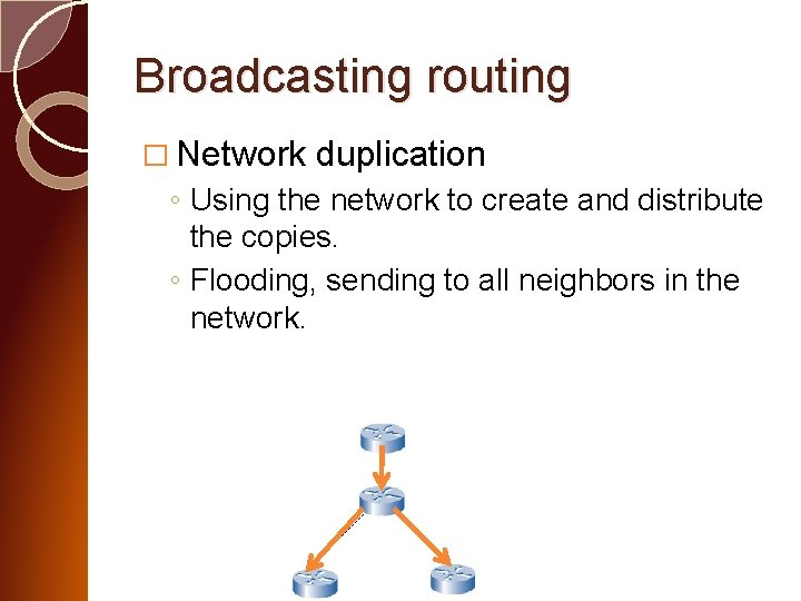 Broadcasting routing � Network duplication ◦ Using the network to create and distribute the