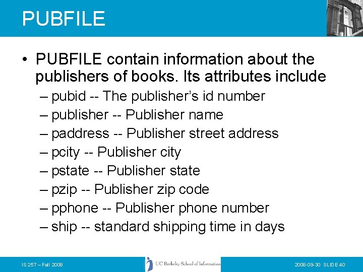 PUBFILE • PUBFILE contain information about the publishers of books. Its attributes include –