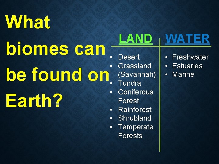 What biomes can • • be found on • • Earth? • LAND Desert What biomes can • • be found on • • Earth? • LAND Desert