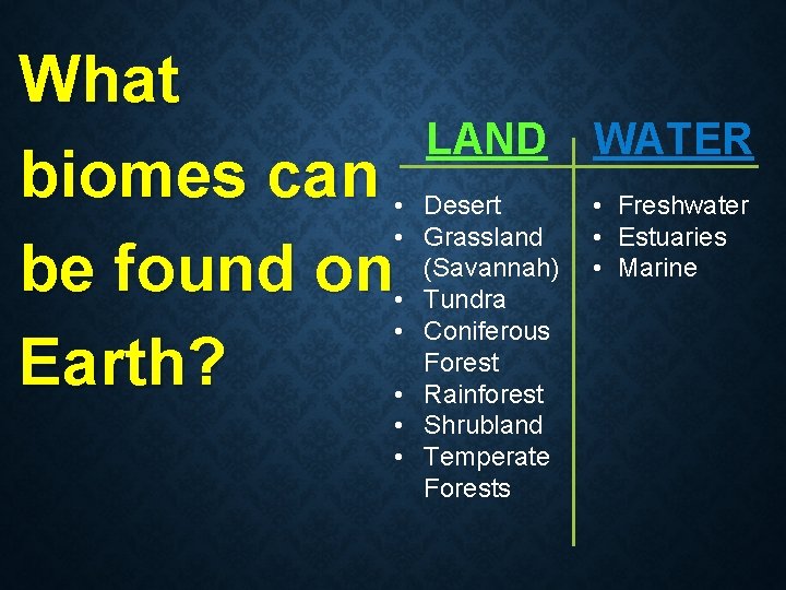 What biomes can • • be found on • • Earth? • LAND Desert