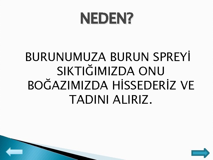 NEDEN? BURUNUMUZA BURUN SPREYİ SIKTIĞIMIZDA ONU BOĞAZIMIZDA HİSSEDERİZ VE TADINI ALIRIZ. 