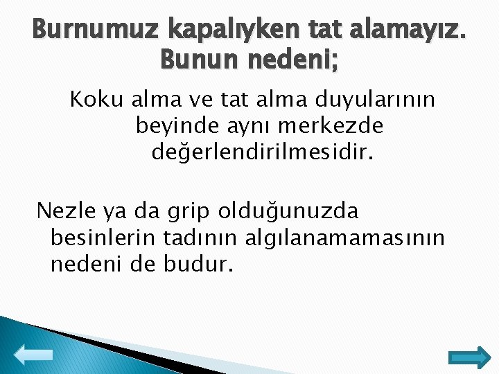 Burnumuz kapalıyken tat alamayız. Bunun nedeni; Koku alma ve tat alma duyularının beyinde aynı