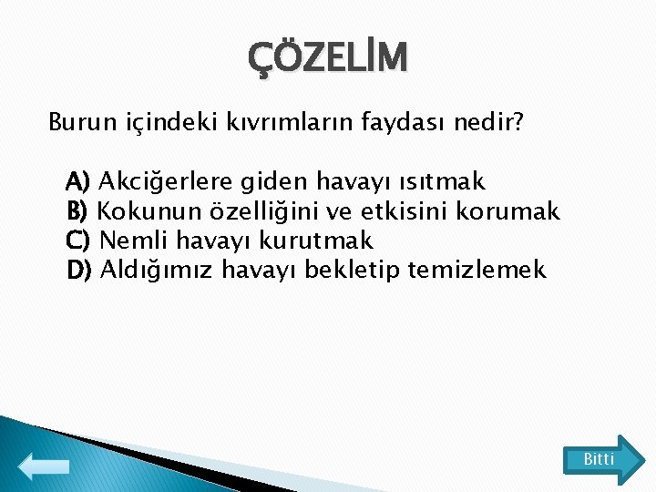 ÇÖZELİM Burun içindeki kıvrımların faydası nedir? A) Akciğerlere giden havayı ısıtmak B) Kokunun özelliğini