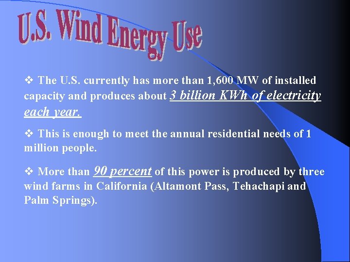 v The U. S. currently has more than 1, 600 MW of installed capacity