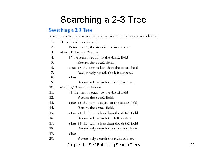 Searching a 2 -3 Tree Chapter 11: Self-Balancing Search Trees 20 