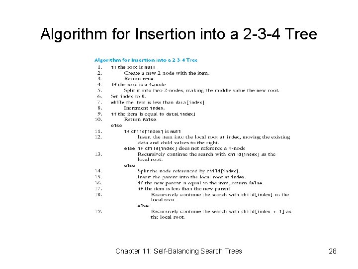 Algorithm for Insertion into a 2 -3 -4 Tree Chapter 11: Self-Balancing Search Trees