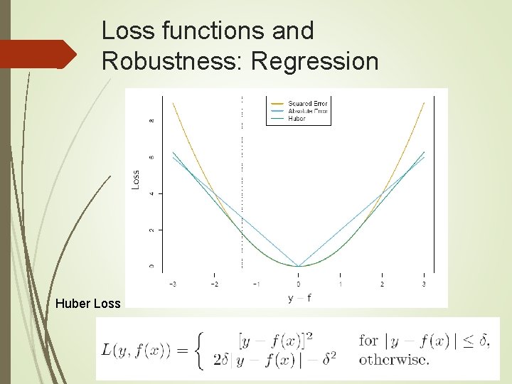 Loss functions and Robustness: Regression For regression Huber Loss 