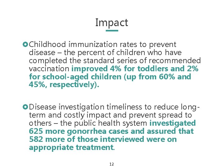 Impact £Childhood immunization rates to prevent disease – the percent of children who have