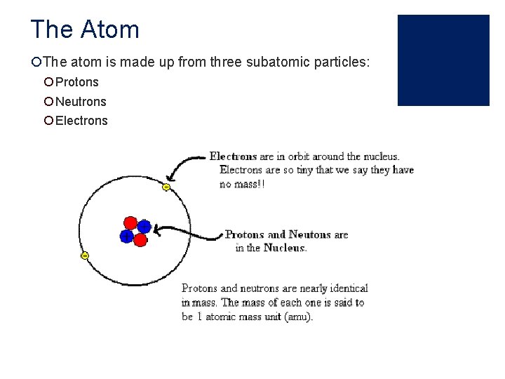 The Atom ¡The atom is made up from three subatomic particles: ¡ Protons ¡