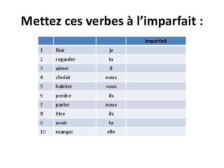 Mettez ces verbes à l’imparfait : Imparfait 1 finir je 2 regarder tu 3