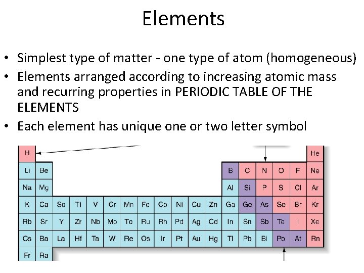 Elements • Simplest type of matter - one type of atom (homogeneous) • Elements