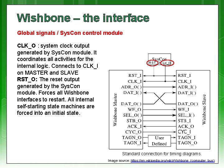 Wishbone – the interface Global signals / Sys. Con control module CLK_O : system