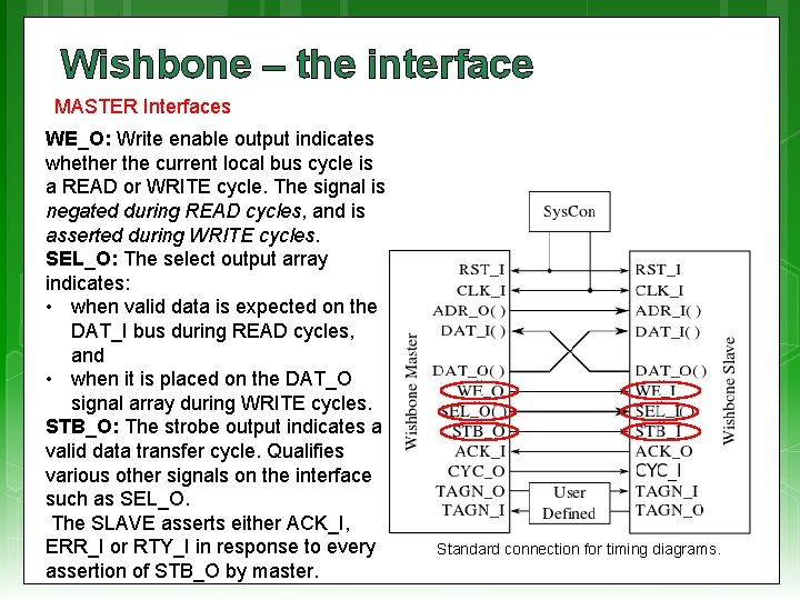 Wishbone – the interface MASTER Interfaces WE_O: Write enable output indicates whether the current