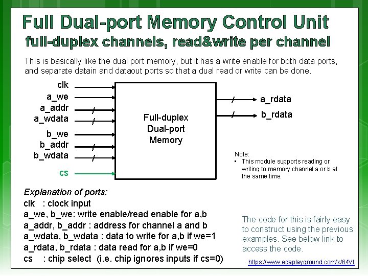 Full Dual-port Memory Control Unit full-duplex channels, read&write per channel This is basically like