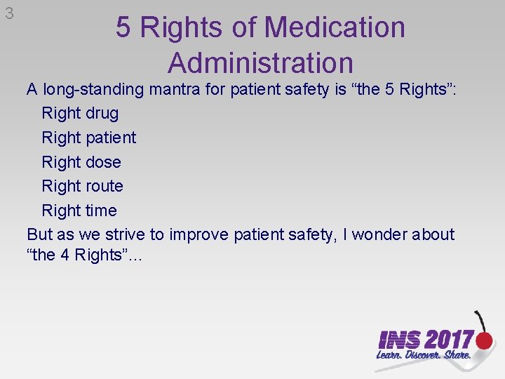 3 5 Rights of Medication Administration A long-standing mantra for patient safety is “the