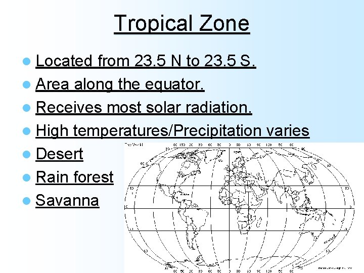 Tropical Zone l Located from 23. 5 N to 23. 5 S. l Area