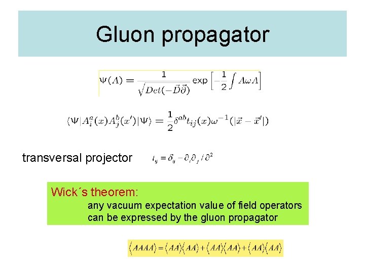 Gluon propagator transversal projector Wick´s theorem: any vacuum expectation value of field operators can