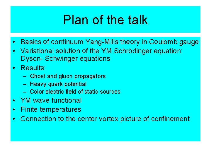 Plan of the talk • Basics of continuum Yang-Mills theory in Coulomb gauge •