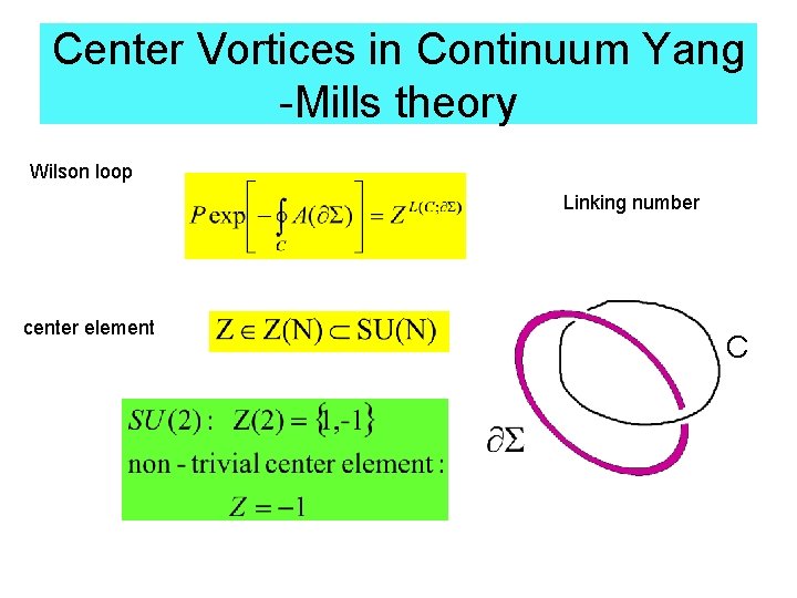 Center Vortices in Continuum Yang -Mills theory Wilson loop Linking number center element C