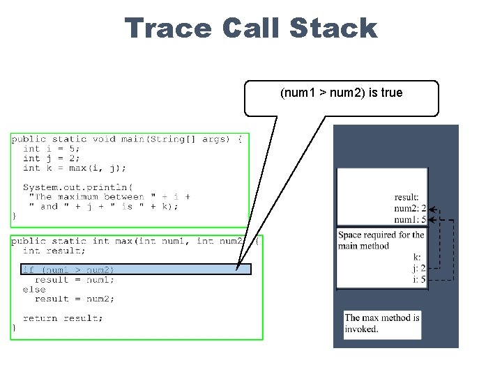 Trace Call Stack (num 1 > num 2) is true 