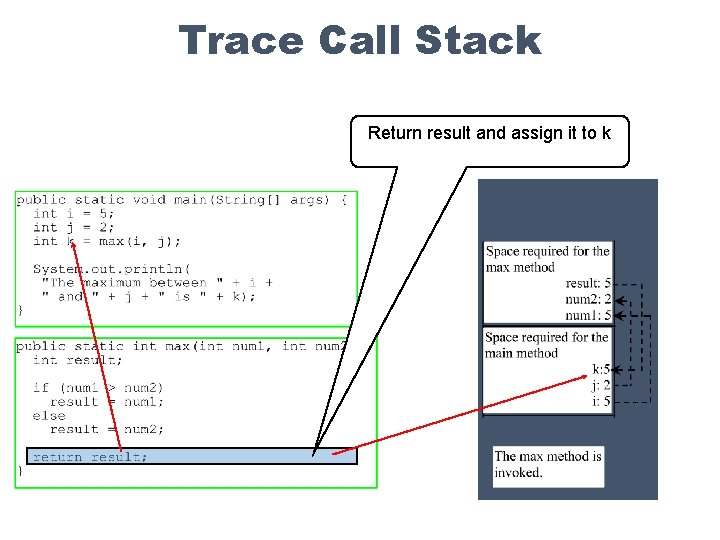 Trace Call Stack Return result and assign it to k 