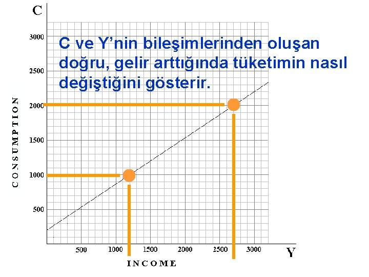 C ve Y’nin bileşimlerinden oluşan doğru, gelir arttığında tüketimin nasıl değiştiğini gösterir. 