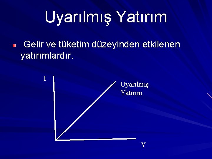 Uyarılmış Yatırım Gelir ve tüketim düzeyinden etkilenen yatırımlardır. I Uyarılmış Yatırım Y 