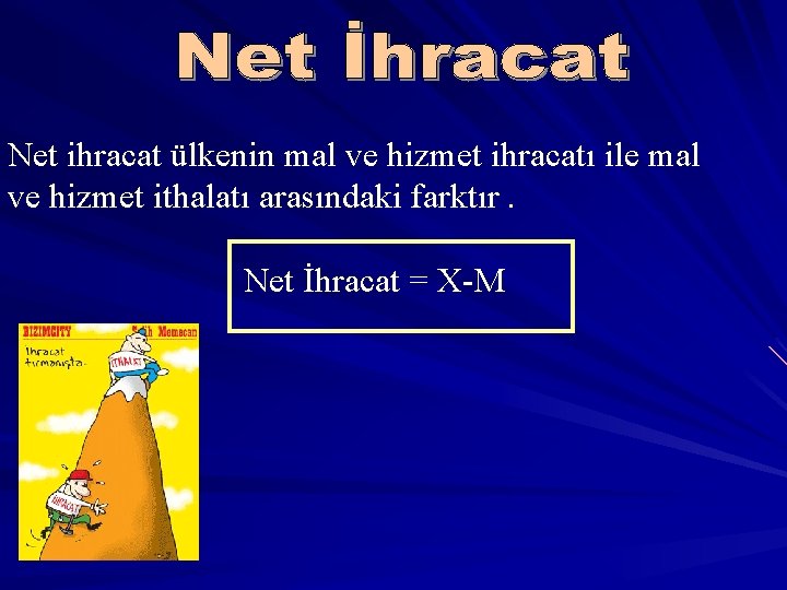 Net ihracat ülkenin mal ve hizmet ihracatı ile mal ve hizmet ithalatı arasındaki farktır.