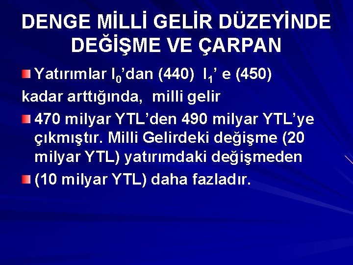 DENGE MİLLİ GELİR DÜZEYİNDE DEĞİŞME VE ÇARPAN Yatırımlar I 0’dan (440) I 1’ e