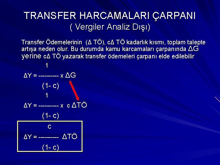 TRANSFER HARCAMALARI ÇARPANI ( Vergiler Analiz Dışı) Transfer Ödemelerinin (Δ TÖ), cΔ TÖ kadarlık