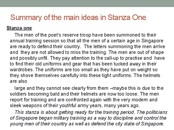 Summary of the main ideas in Stanza One Stanza one The men of the