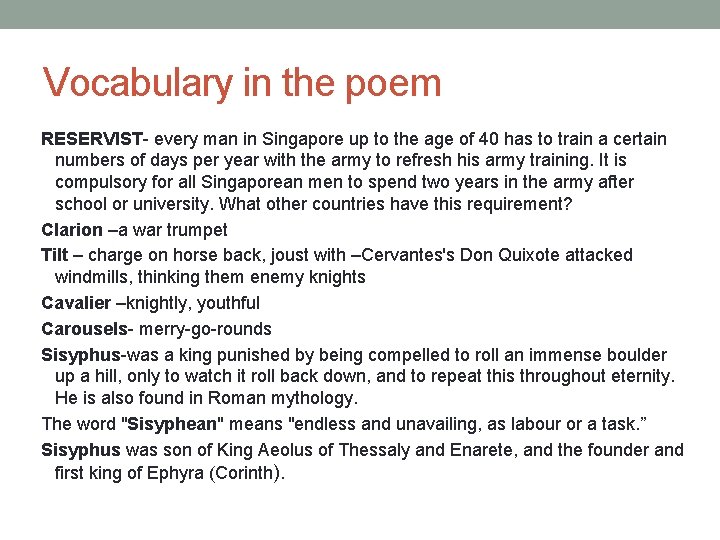Vocabulary in the poem RESERVIST- every man in Singapore up to the age of