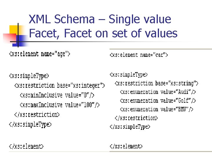 XML Schema – Single value Facet, Facet on set of values XML Schema – Single value Facet, Facet on set of values