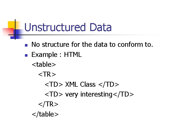 Unstructured Data n n No structure for the data to conform to. Example :