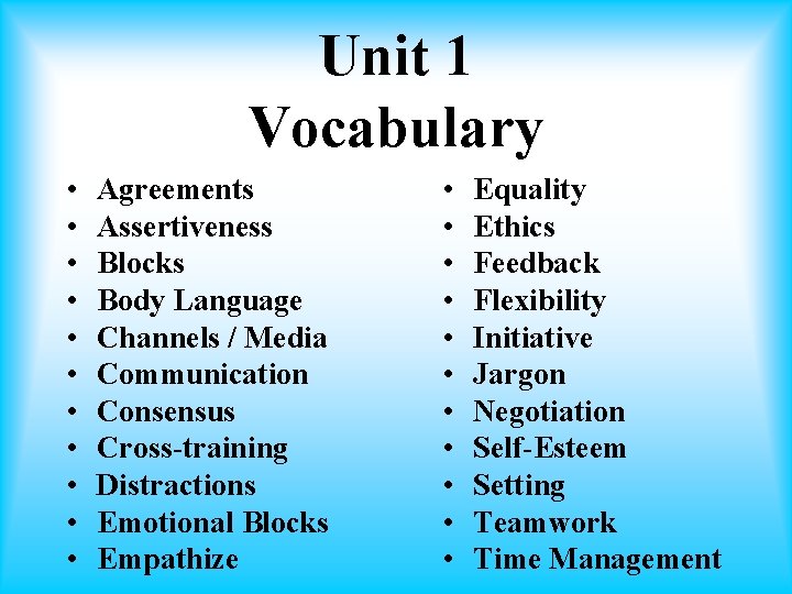 Unit 1 Vocabulary • • • Agreements Assertiveness Blocks Body Language Channels / Media