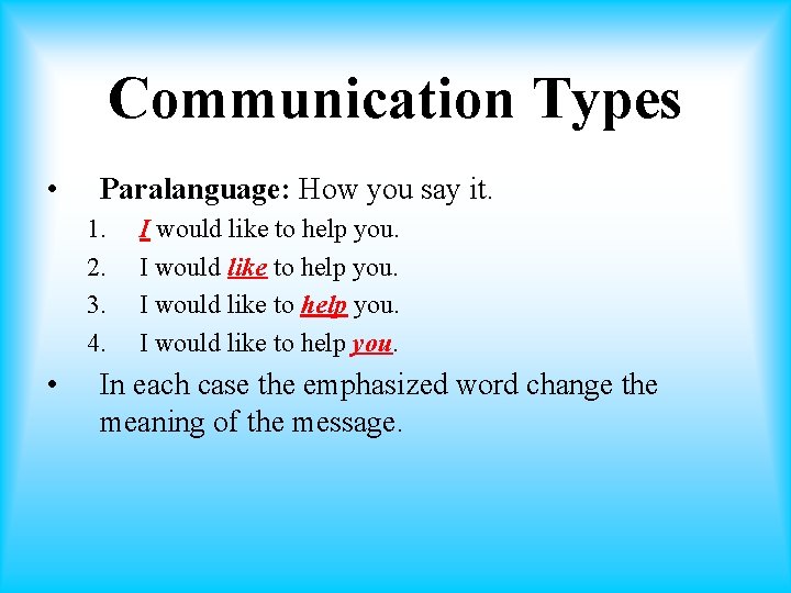 Communication Types • Paralanguage: How you say it. 1. 2. 3. 4. • I