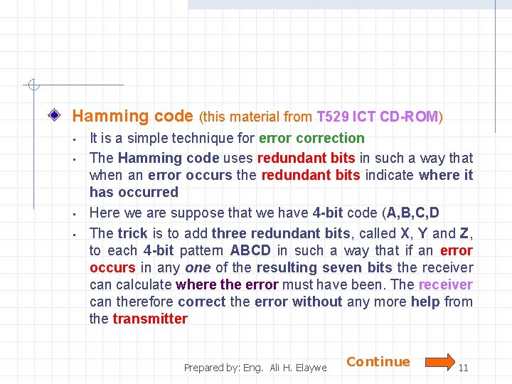 Hamming code (this material from T 529 ICT CD-ROM) • • It is a