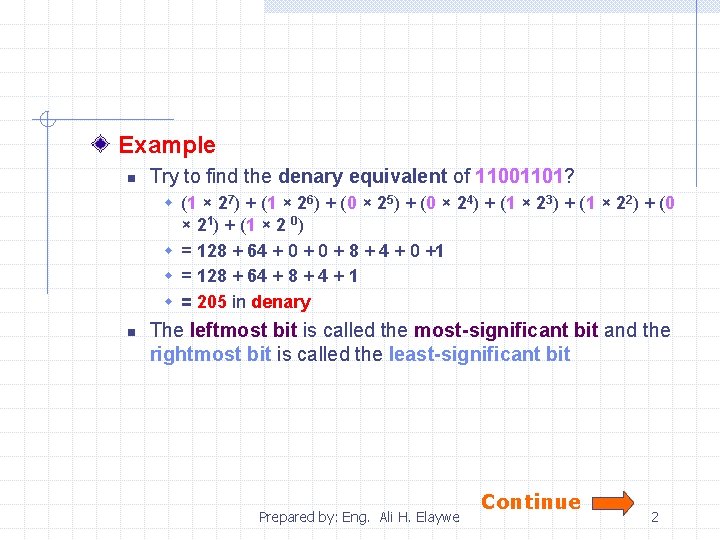 Example n Try to find the denary equivalent of 11001101? w (1 × 27)