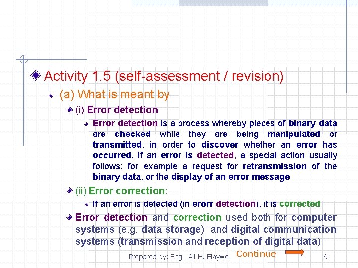 Activity 1. 5 (self-assessment / revision) (a) What is meant by (i) Error detection