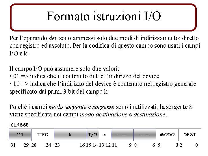 Formato istruzioni I/O Per l’operando dev sono ammessi solo due modi di indirizzamento: diretto