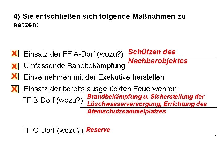 4) Sie entschließen sich folgende Maßnahmen zu setzen: X Einsatz der FF A-Dorf (wozu?