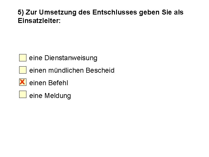 5) Zur Umsetzung des Entschlusses geben Sie als Einsatzleiter: eine Dienstanweisung einen mündlichen Bescheid