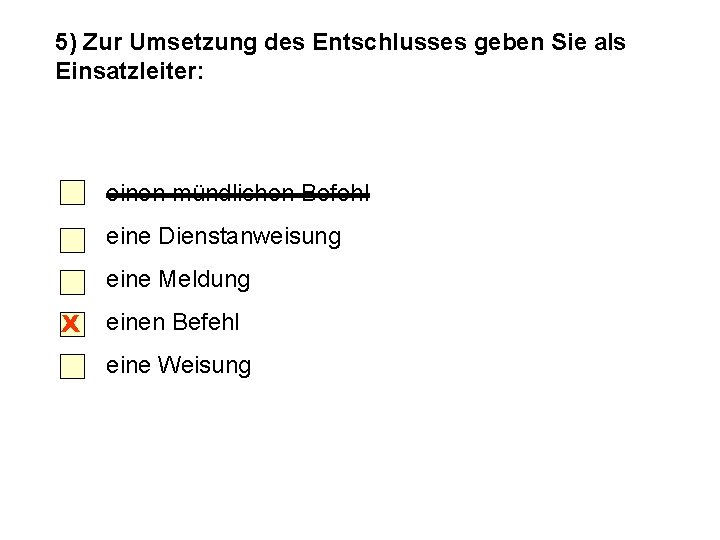 5) Zur Umsetzung des Entschlusses geben Sie als Einsatzleiter: einen mündlichen Befehl eine Dienstanweisung