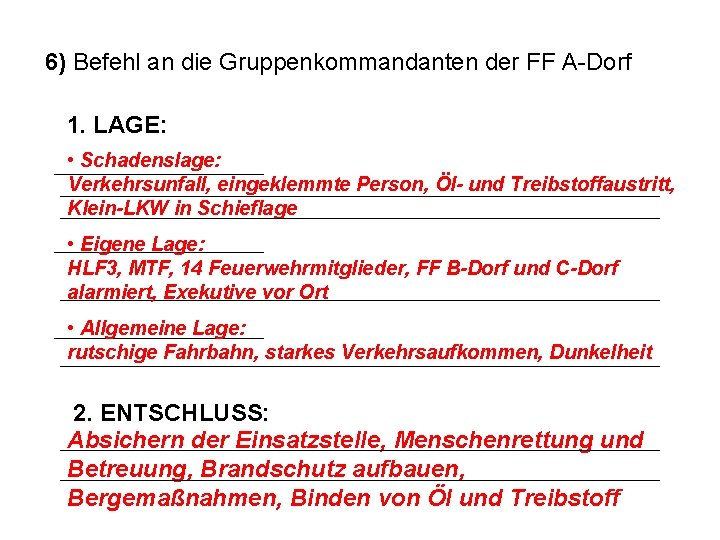 6) Befehl an die Gruppenkommandanten der FF A-Dorf 1. LAGE: • Schadenslage: Verkehrsunfall, eingeklemmte