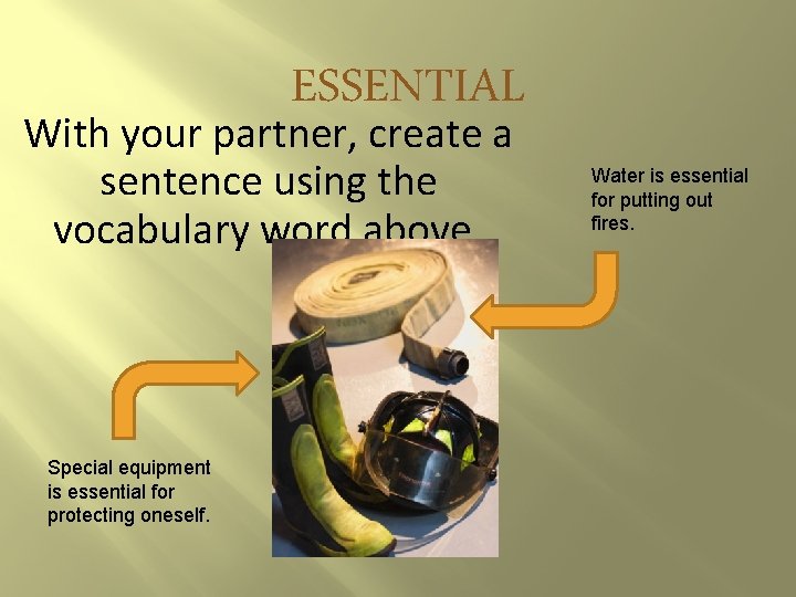 ESSENTIAL With your partner, create a sentence using the vocabulary word above. Special equipment