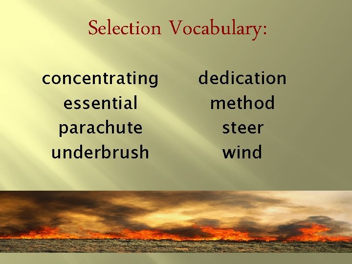 Selection Vocabulary: concentrating essential parachute underbrush dedication method steer wind 